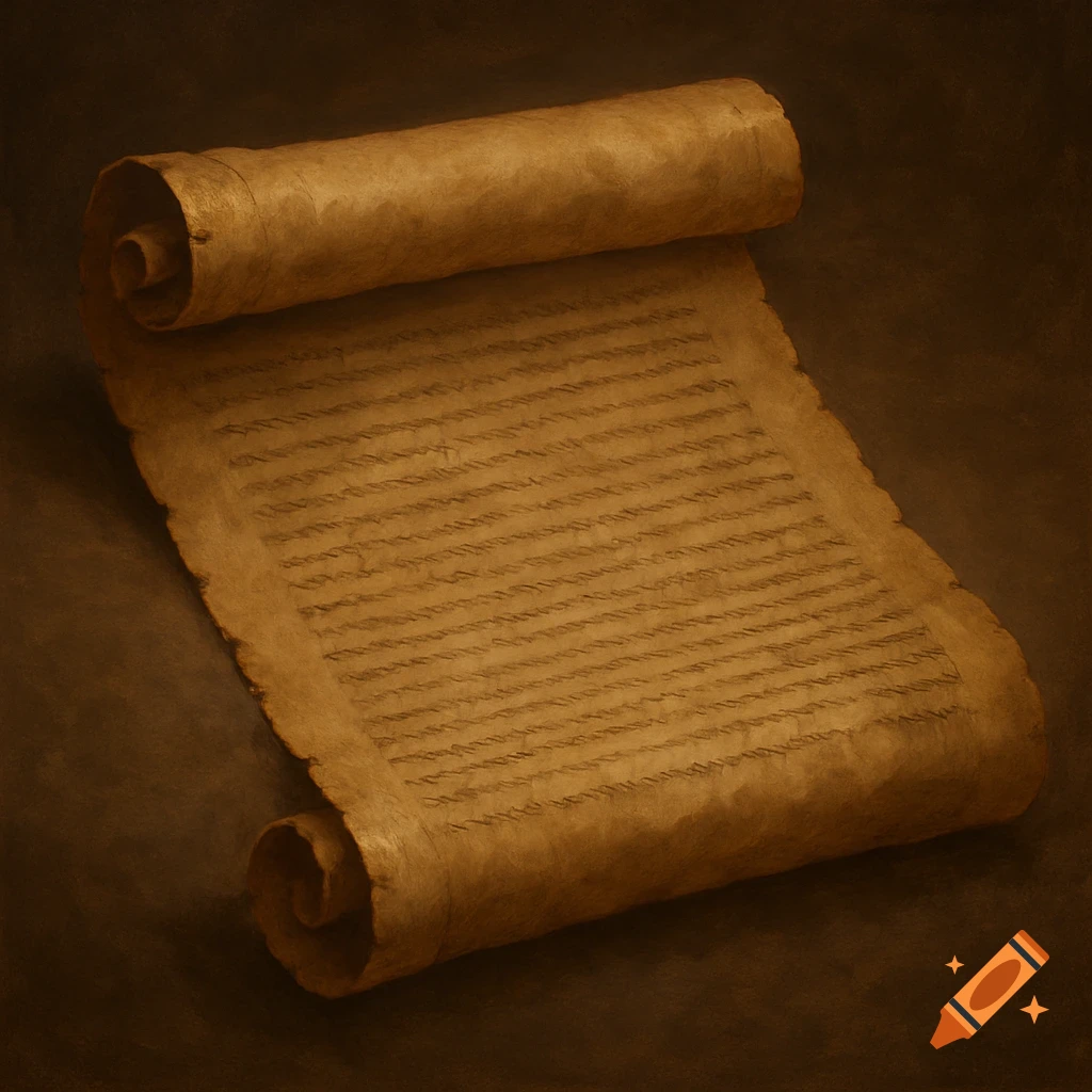 An ancient, partially unrolled parchment scroll with illegible writing.