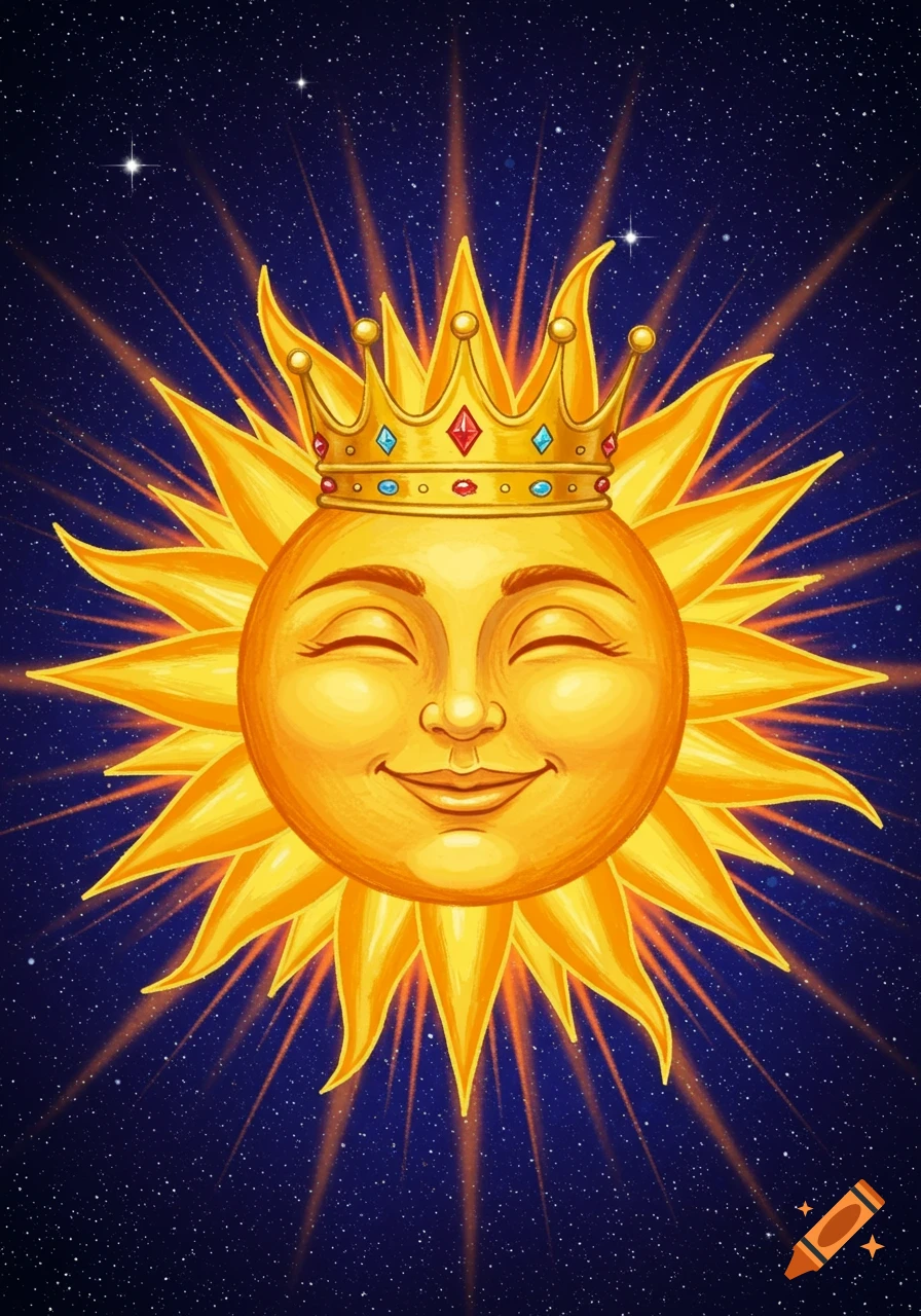 a smiling sun wearing a golden crown against a starry blue background