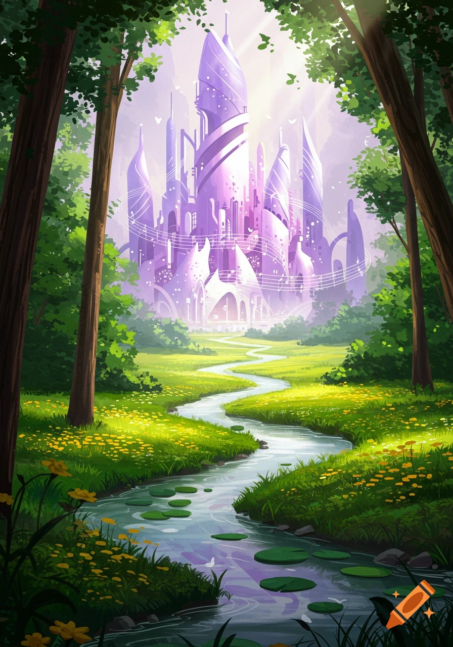 A forest stream leads to a futuristic purple city adorned with musical notes.