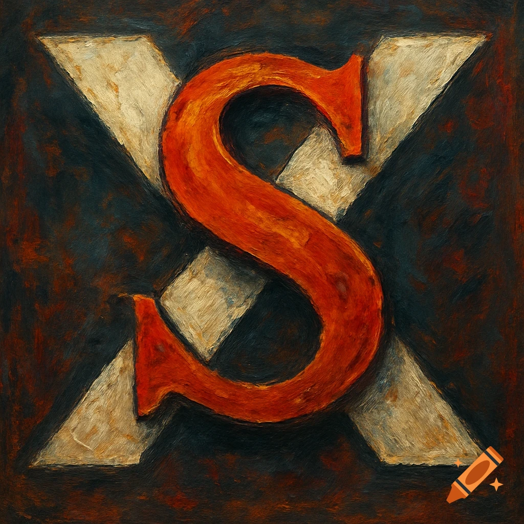 An orange letter S over a white X on a dark, textured background.