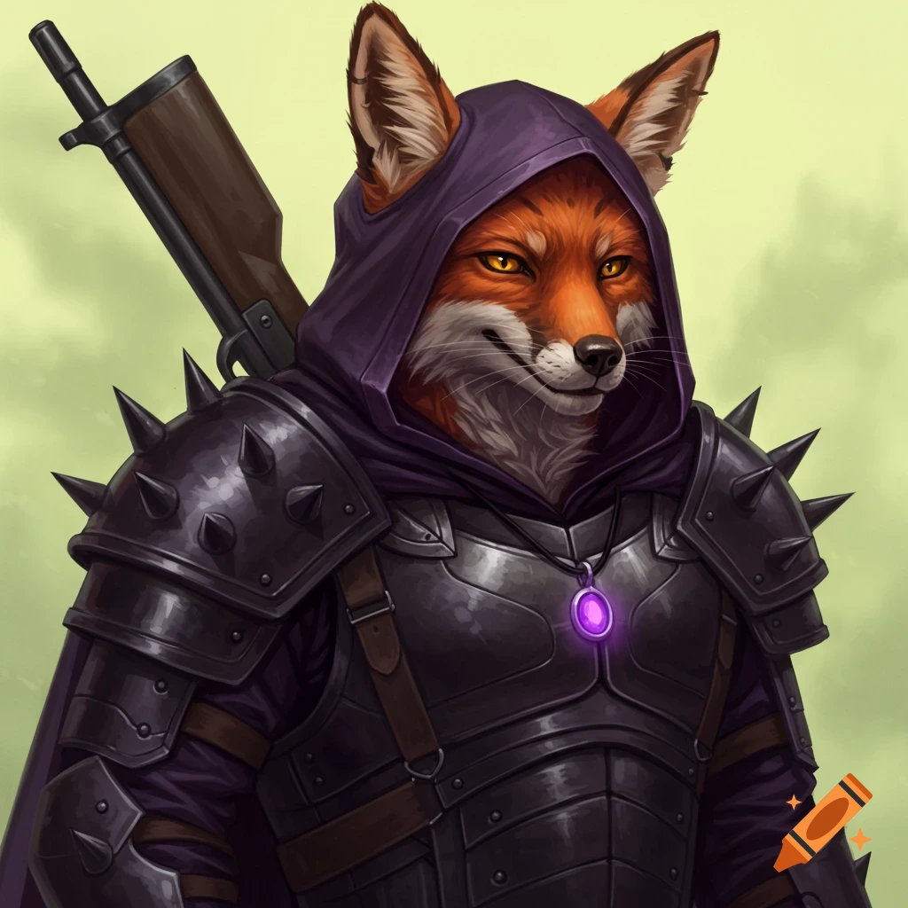 A red fox in dark fantasy armor with spiked shoulders, a purple hood, glowing eyes, a pendant, and a rifle on its back.