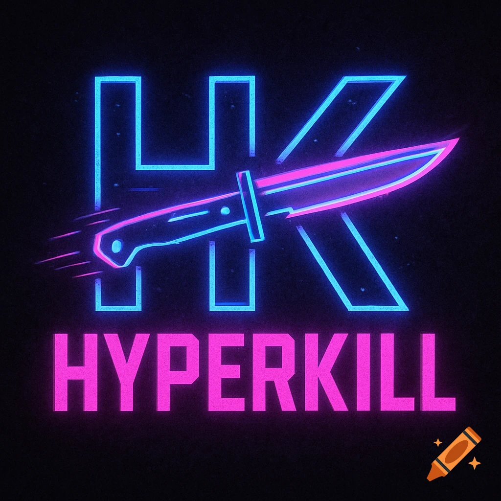 Cyberpunk neon logo with blue HK letters, a pink and blue knife, and pink HYPERKILL text on a dark background.