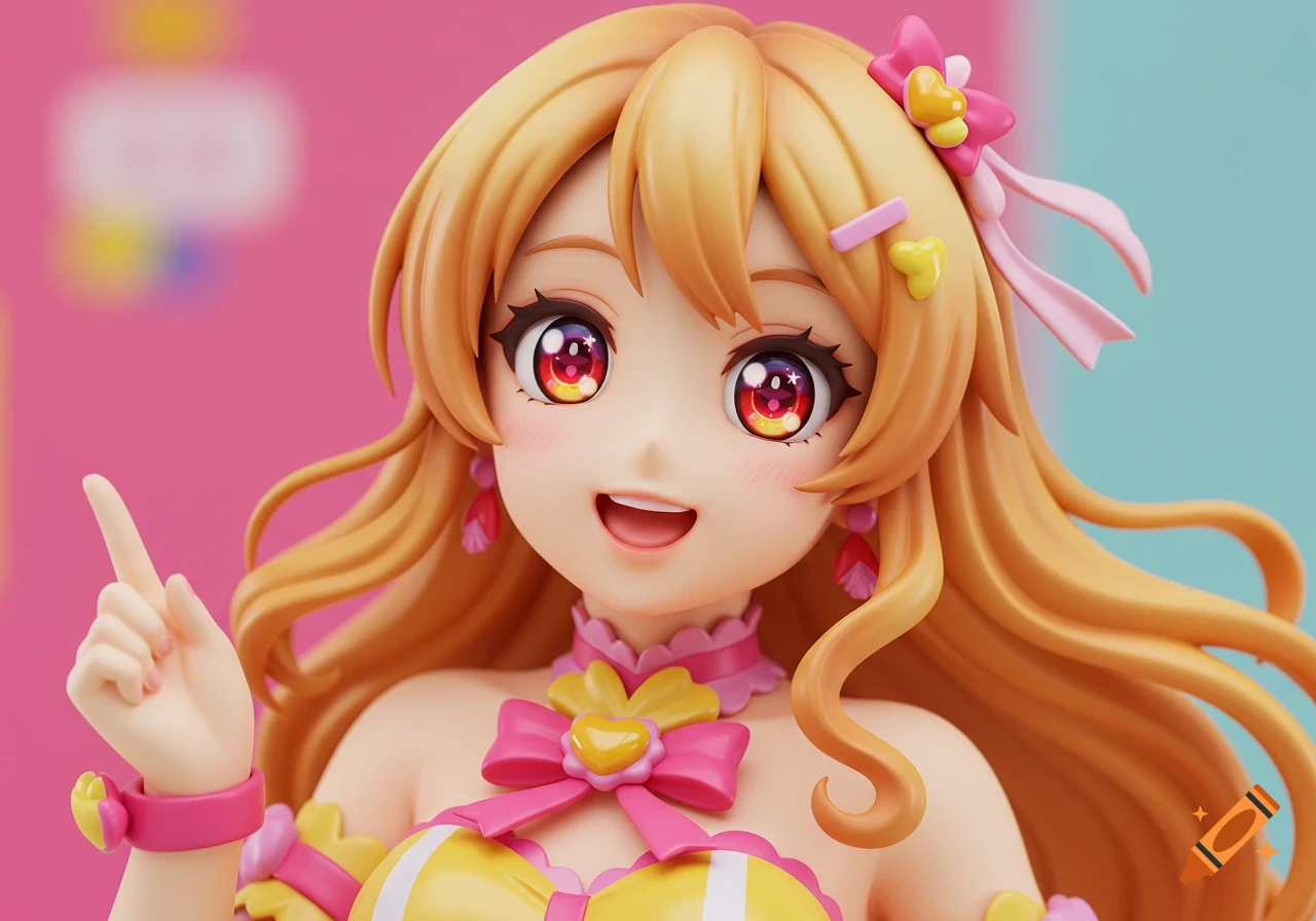 Close-up of a smiling anime girl figurine with blonde hair and a colorful outfit.