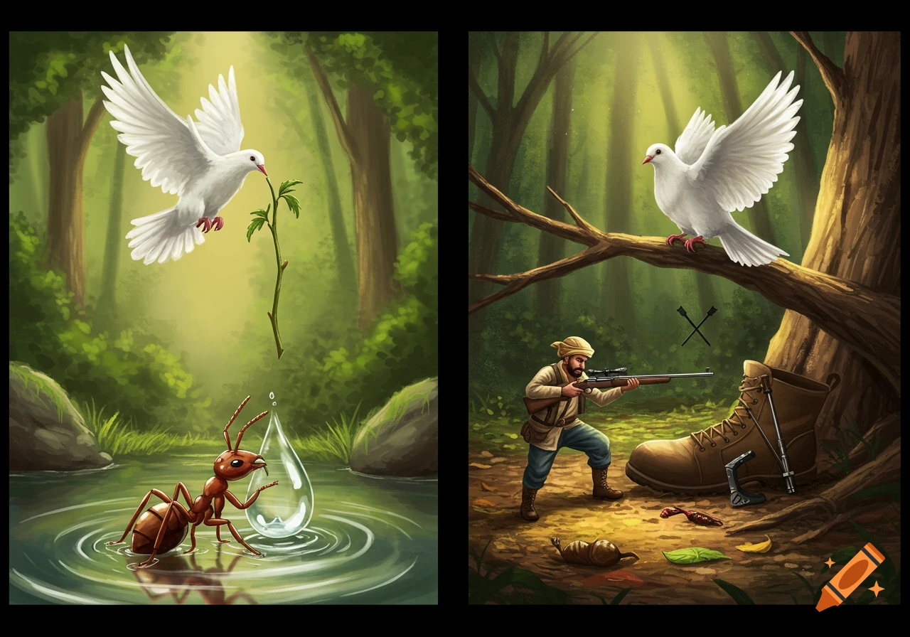Two scenes are depicted: an ant being rescued from a water droplet by a dove, followed by the ant biting a hunter who is aiming a rifle at the dove.