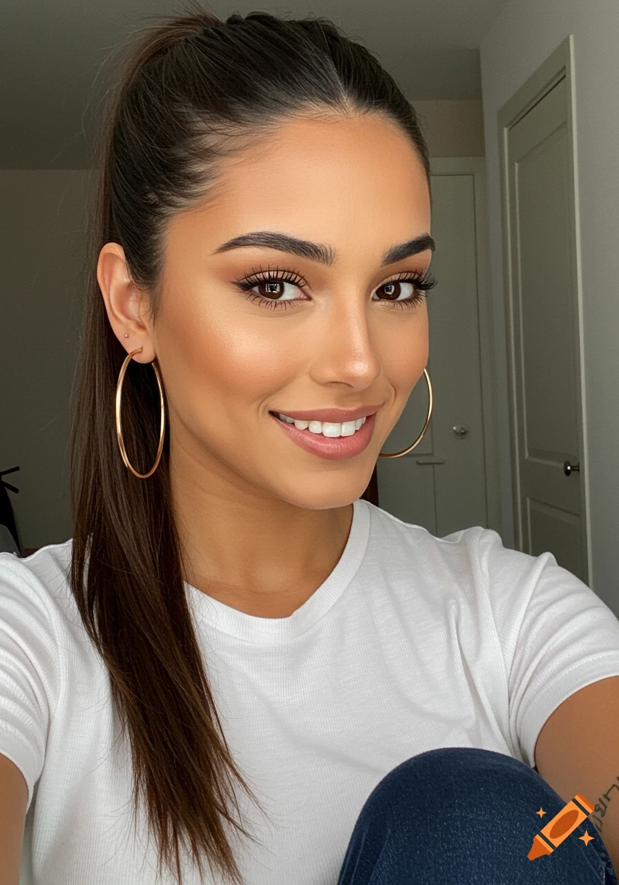 Close up selfie of a smiling woman with a ponytail, hoop earrings, and jeans.