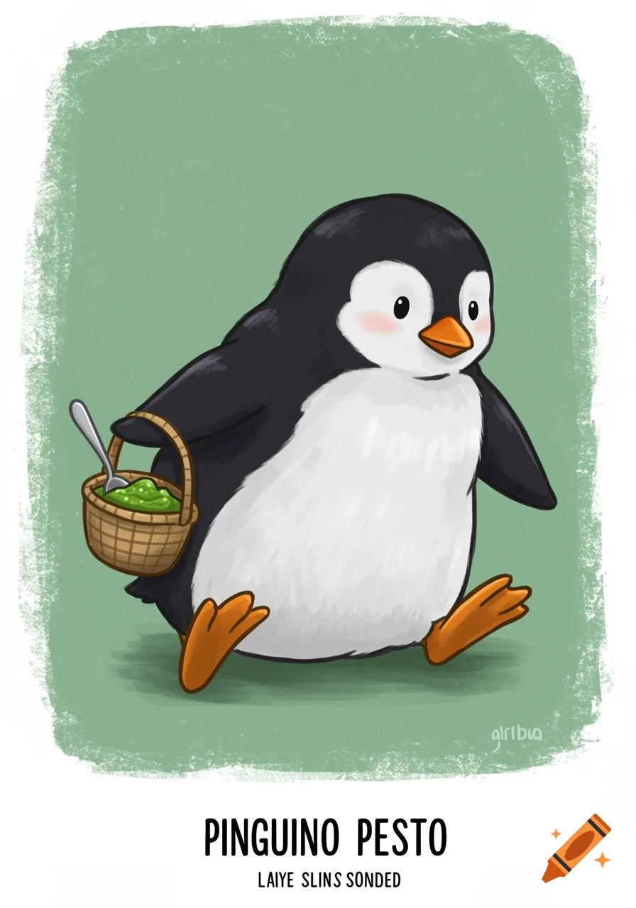 Cartoon penguin holds a basket of pesto with a spoon.