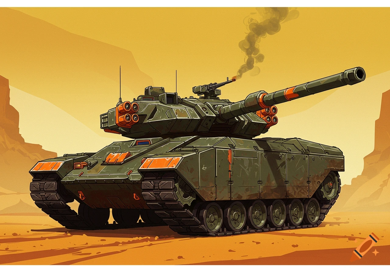 Stylized image of a green and orange tank in a desert landscape.