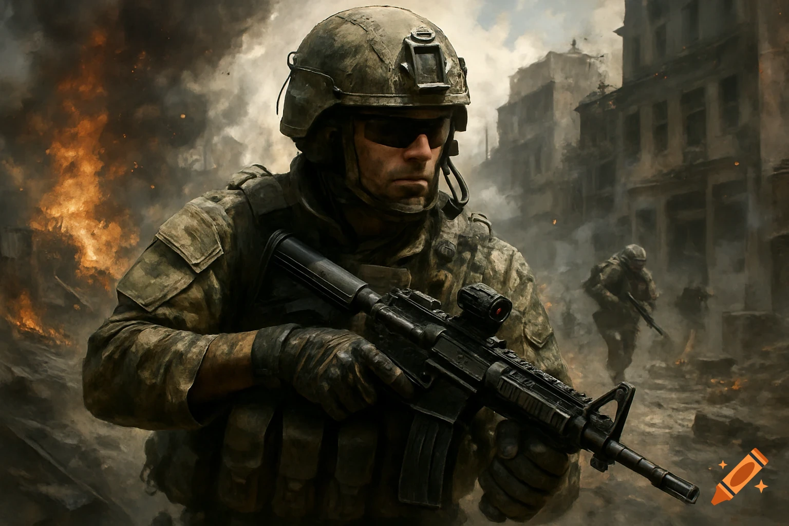 A soldier is holding a rifle while standing in a ruined city.