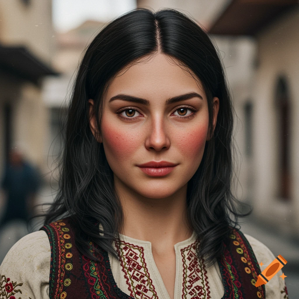 A realistic portrait of a woman with dark hair in traditional embroidered clothing, looking at the viewer, with a blurred city background.