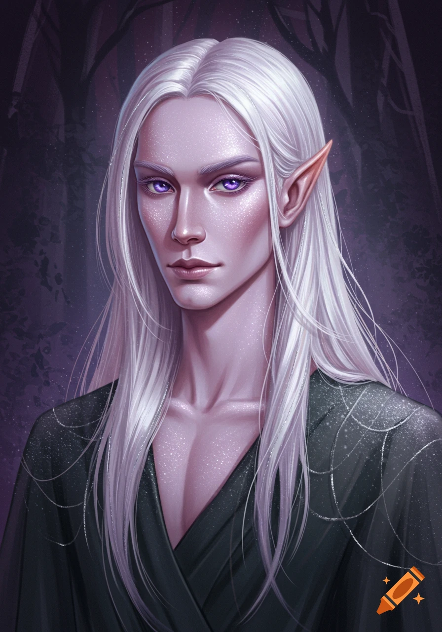 A fantasy elf with pale skin, long white hair, and purple eyes