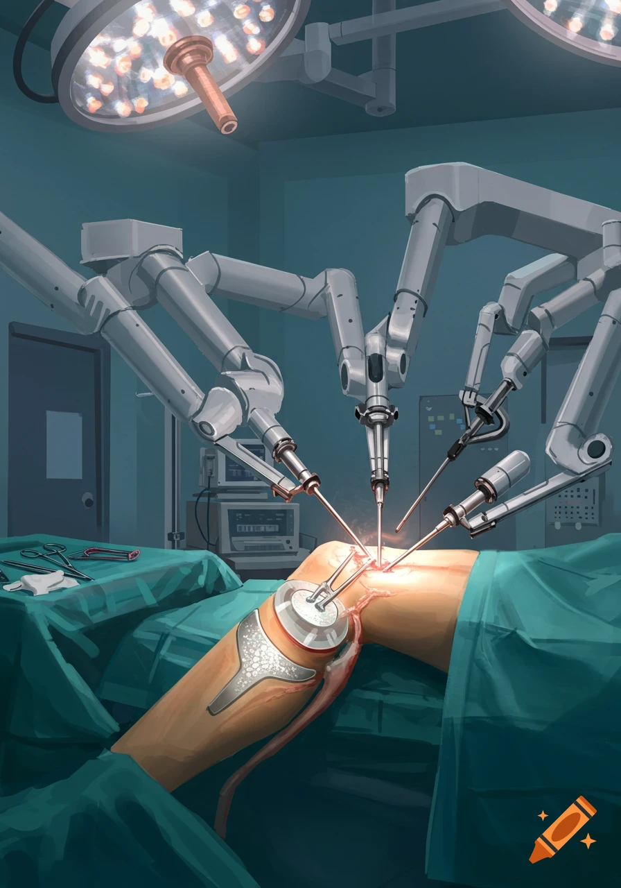 Robotic arms are performing surgery on a knee joint in an operating room.