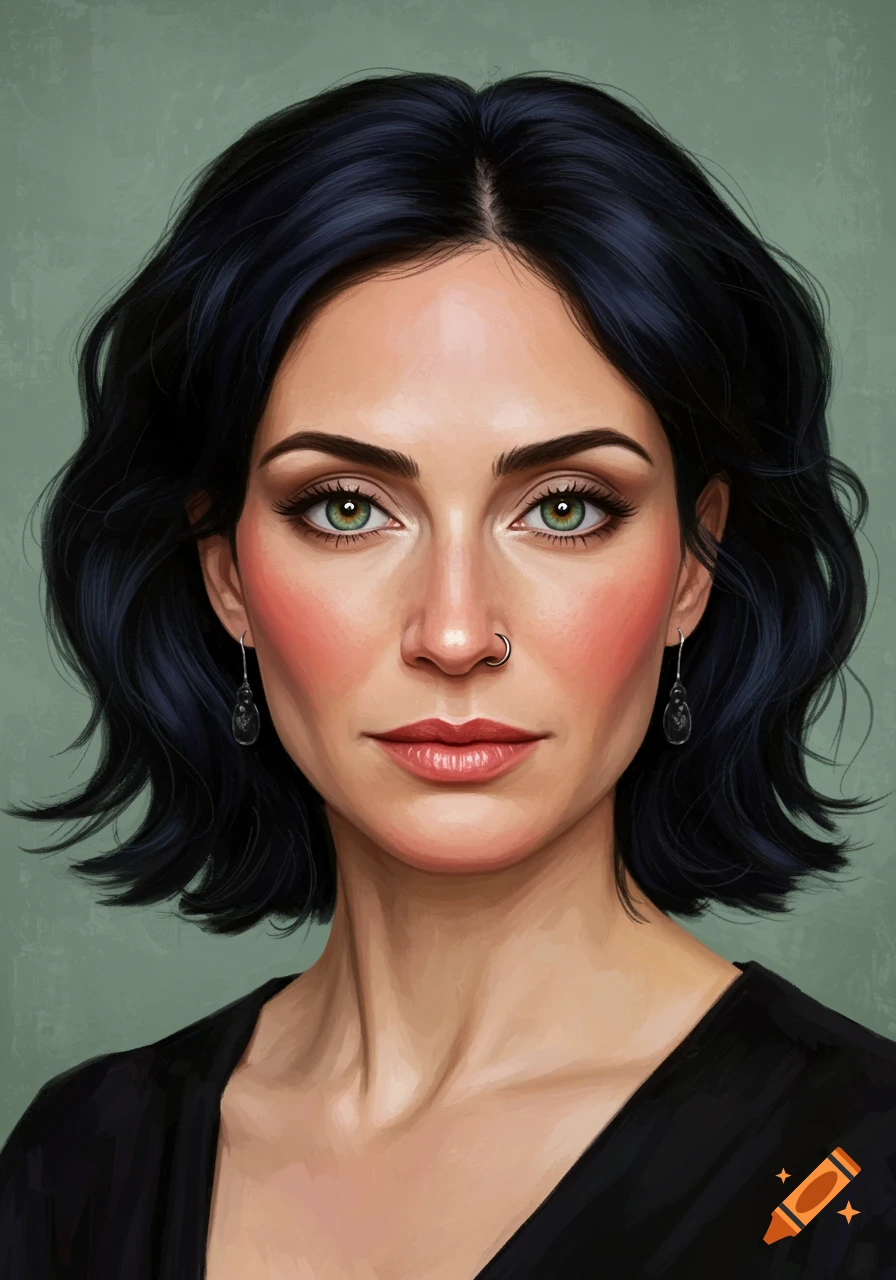 A close-up oil painting portrait of a woman with short dark hair, green eyes, and a nose ring.