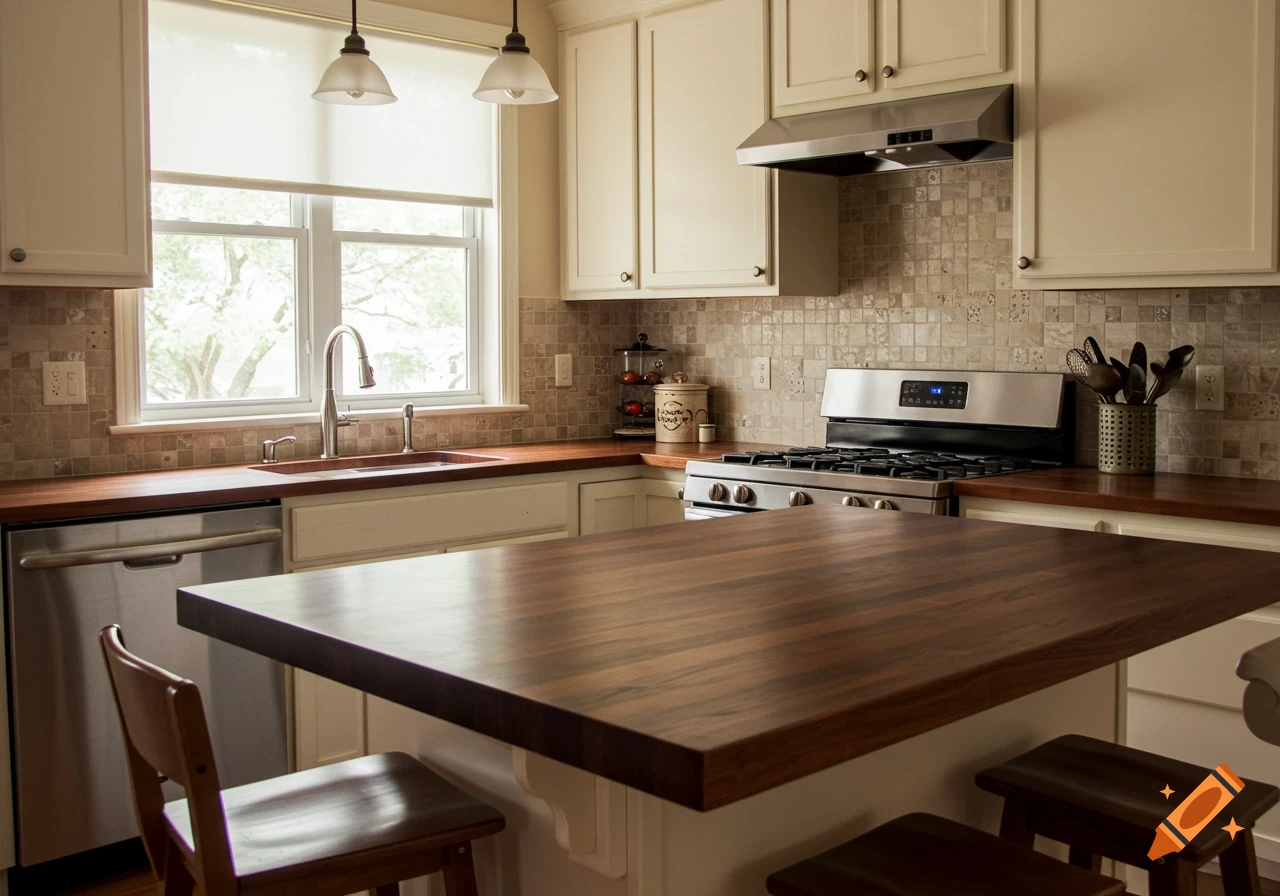 A kitchen with dark wood butcher block countertops, a window over the sink, a stove, and island seating.
