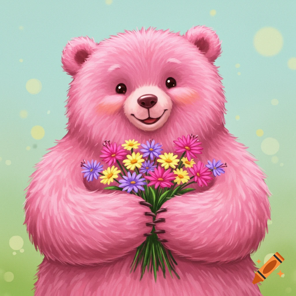 A smiling pink bear holds a bouquet of colorful flowers.