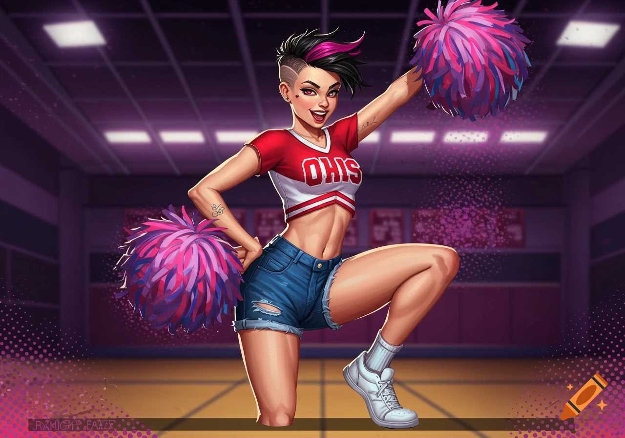 A tomboy cheerleader posing with pom-poms in a gym.