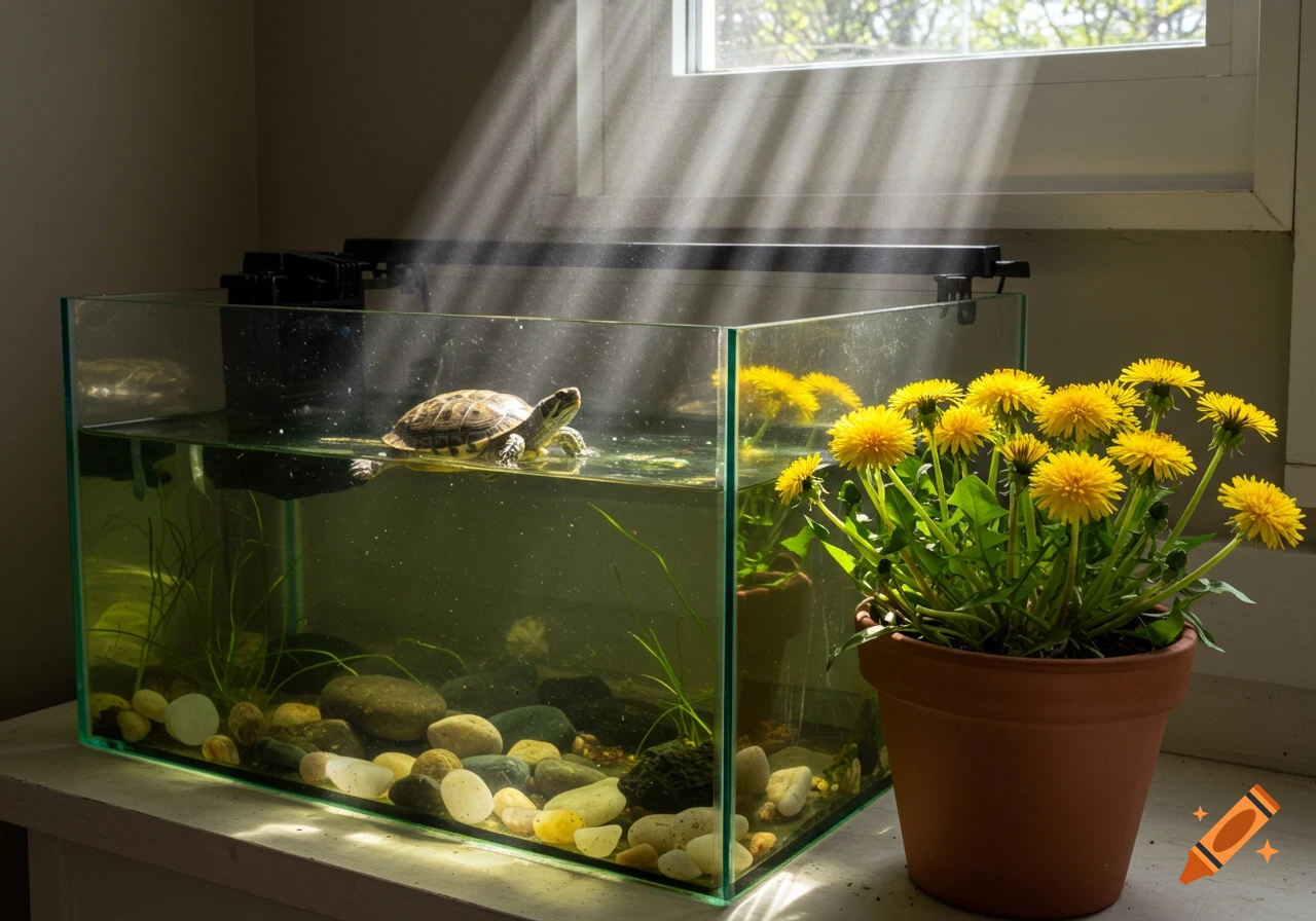 A turtle floats in a glass tank next to a pot of dandelions, lit by streaks of sunlight from a window.