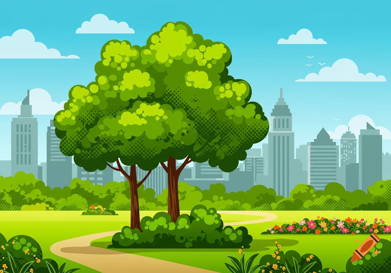 Vector graphic of a park with trees, path, flowers, and city skyline in the background.