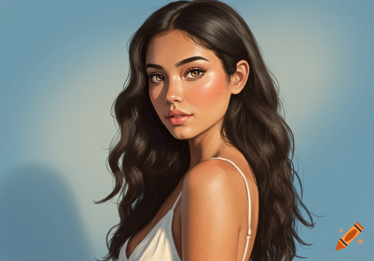 A young woman with long dark hair looking over her shoulder