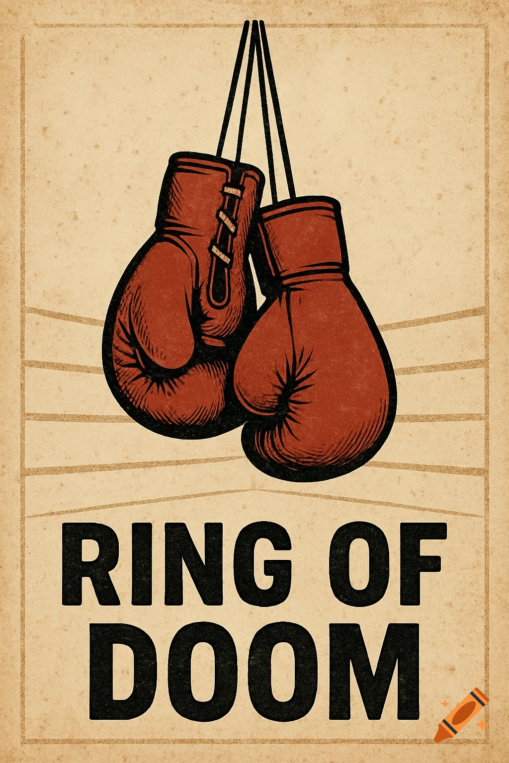 Vintage style illustration of hanging boxing gloves above the text 'RING OF DOOM'.