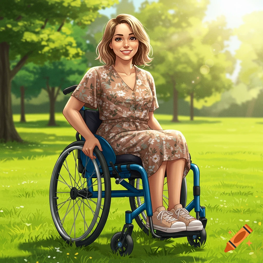 A woman in a wheelchair is smiling in a sunlit park.
