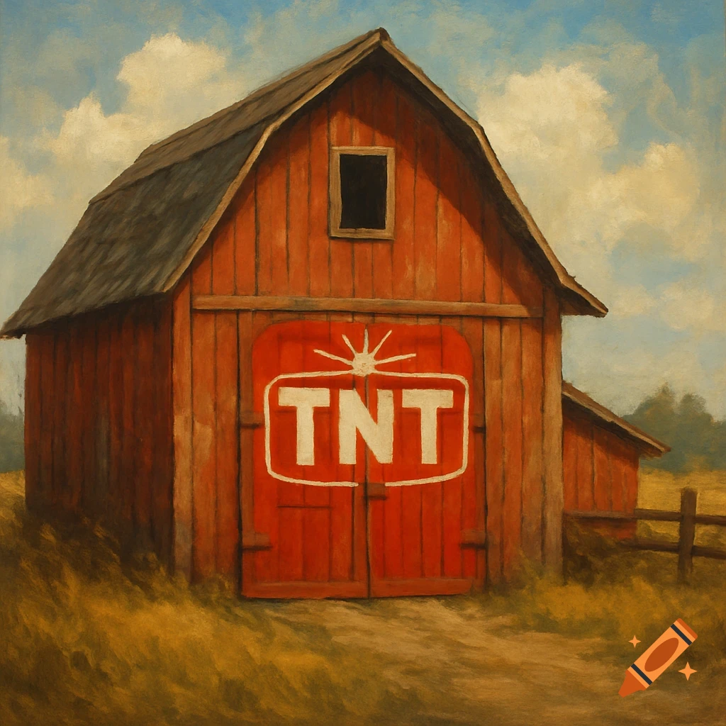 A red barn with a TNT logo on the doors stands in a field.