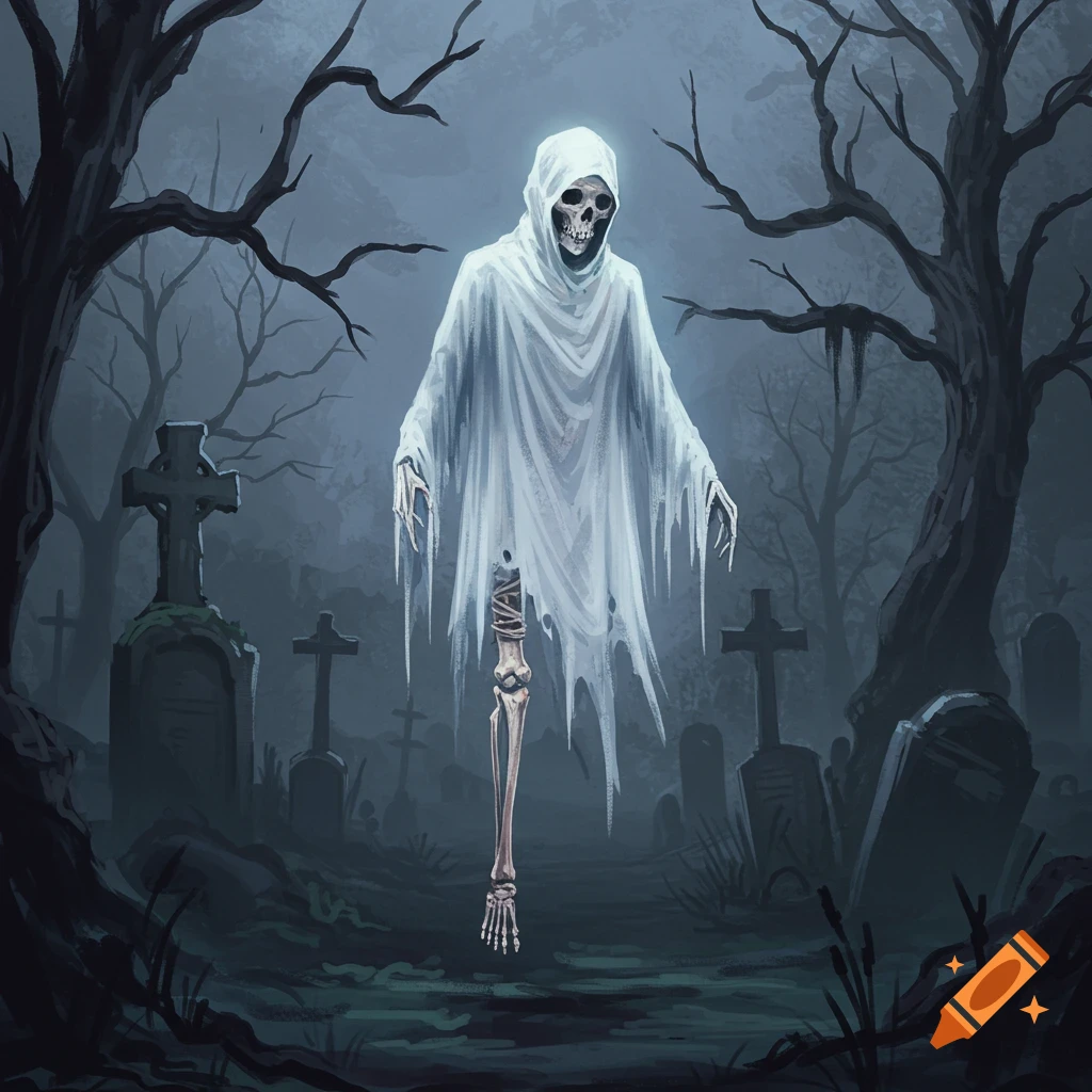 A spectral ghost with a skeletal leg floats in a dark, foggy graveyard.