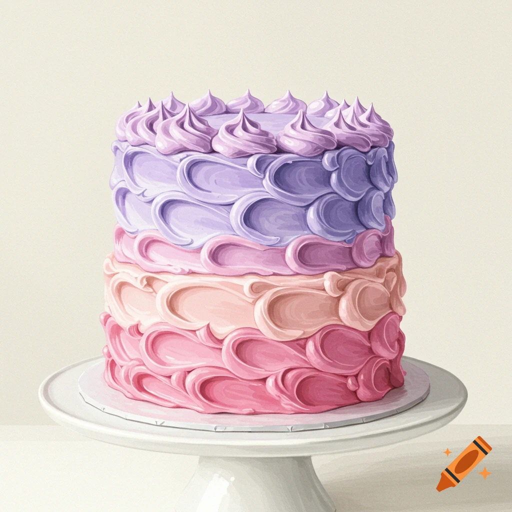 A two-tier cake with purple and pink ombre buttercream frosting on a white cake stand.