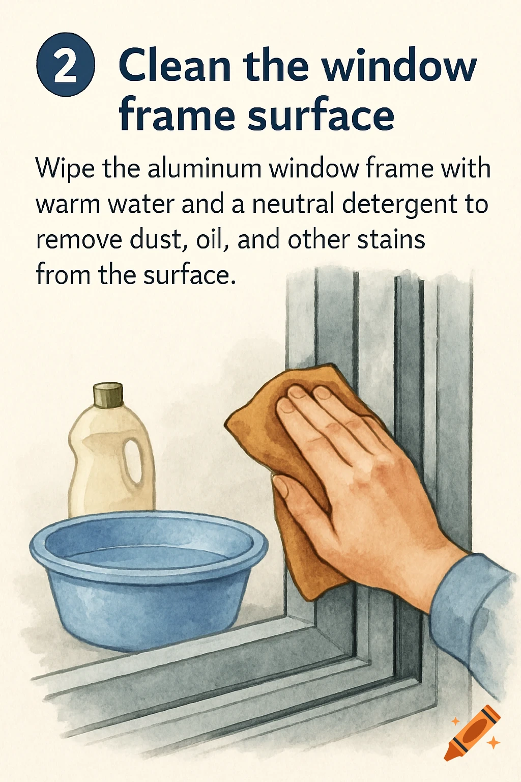 Illustration of a hand wiping a window frame with a cloth, with cleaning supplies nearby.