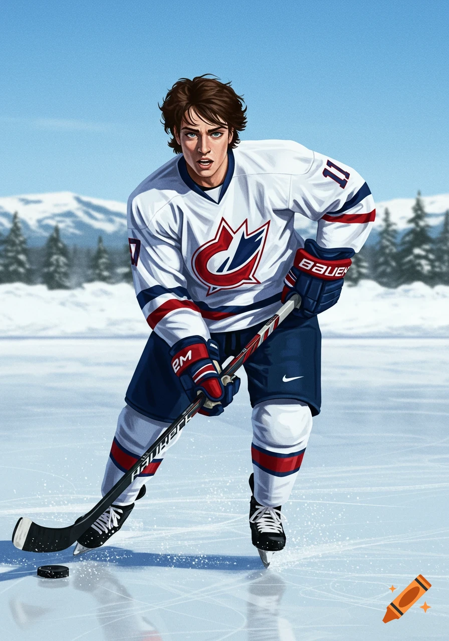 A young man playing hockey on an outdoor ice rink.