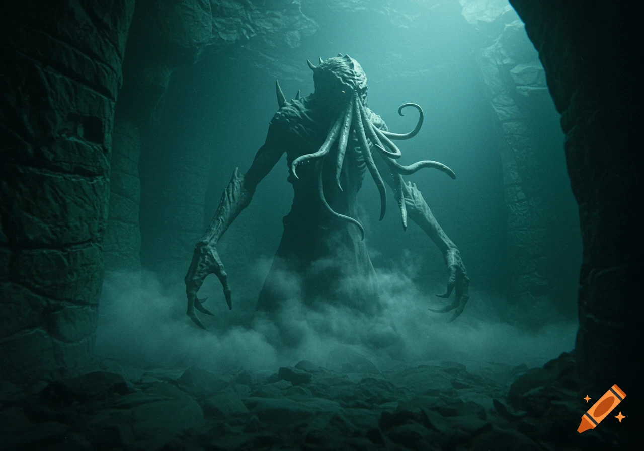 A large, dark monster with tentacles around its face stands in a misty cave, photorealistic style