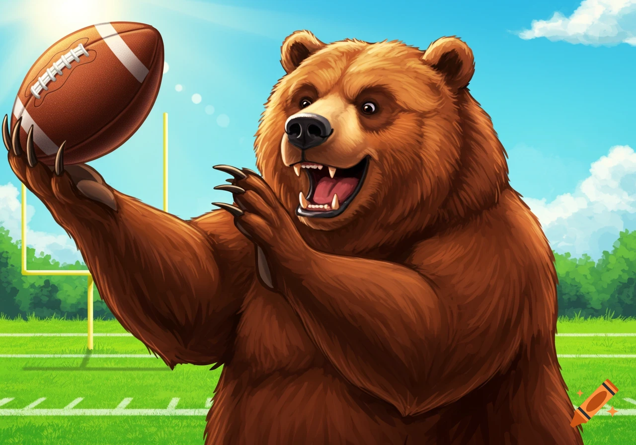 Cartoon bear catching a football on a sunny field with goalposts.