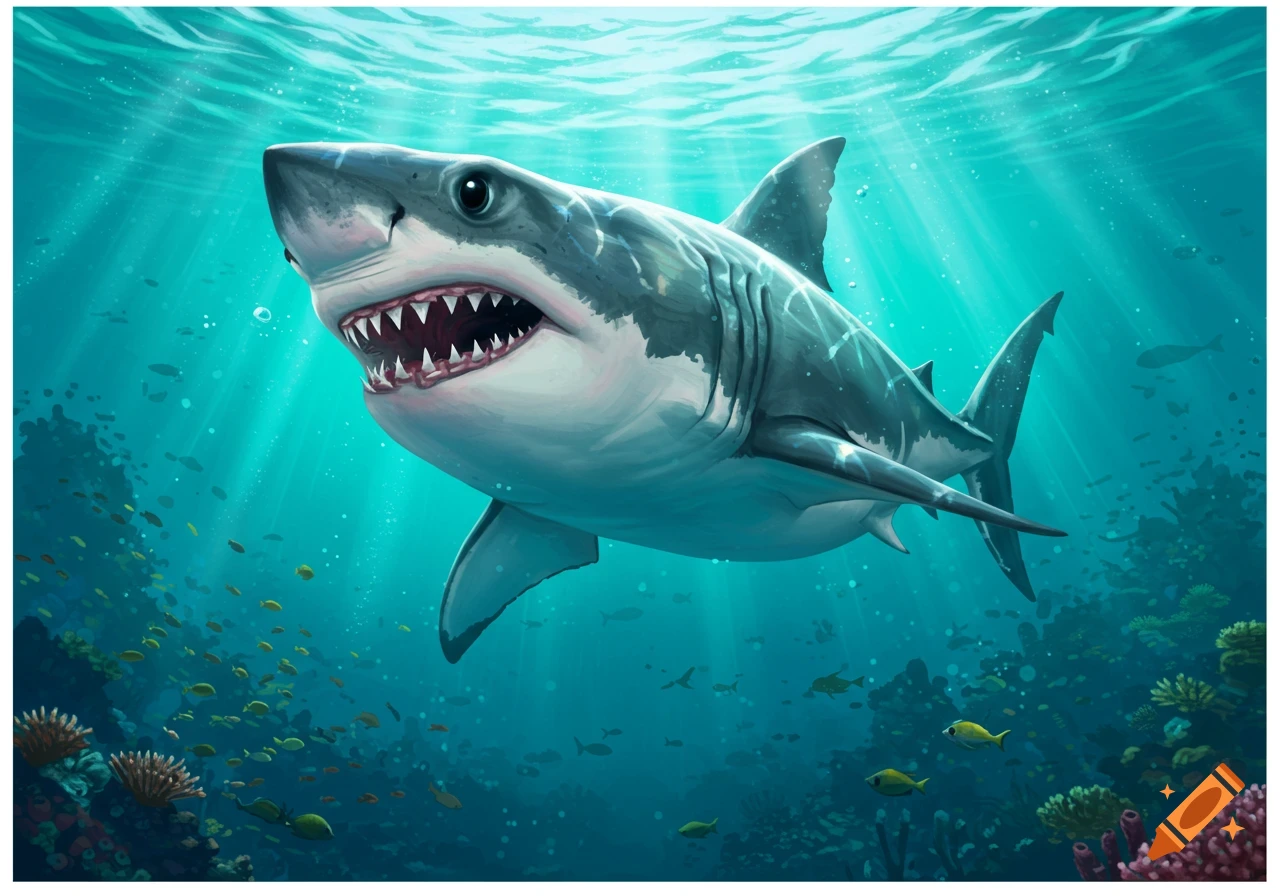 A great white shark swims underwater, surrounded by vibrant coral and schools of fish, with shafts of light piercing the surface.