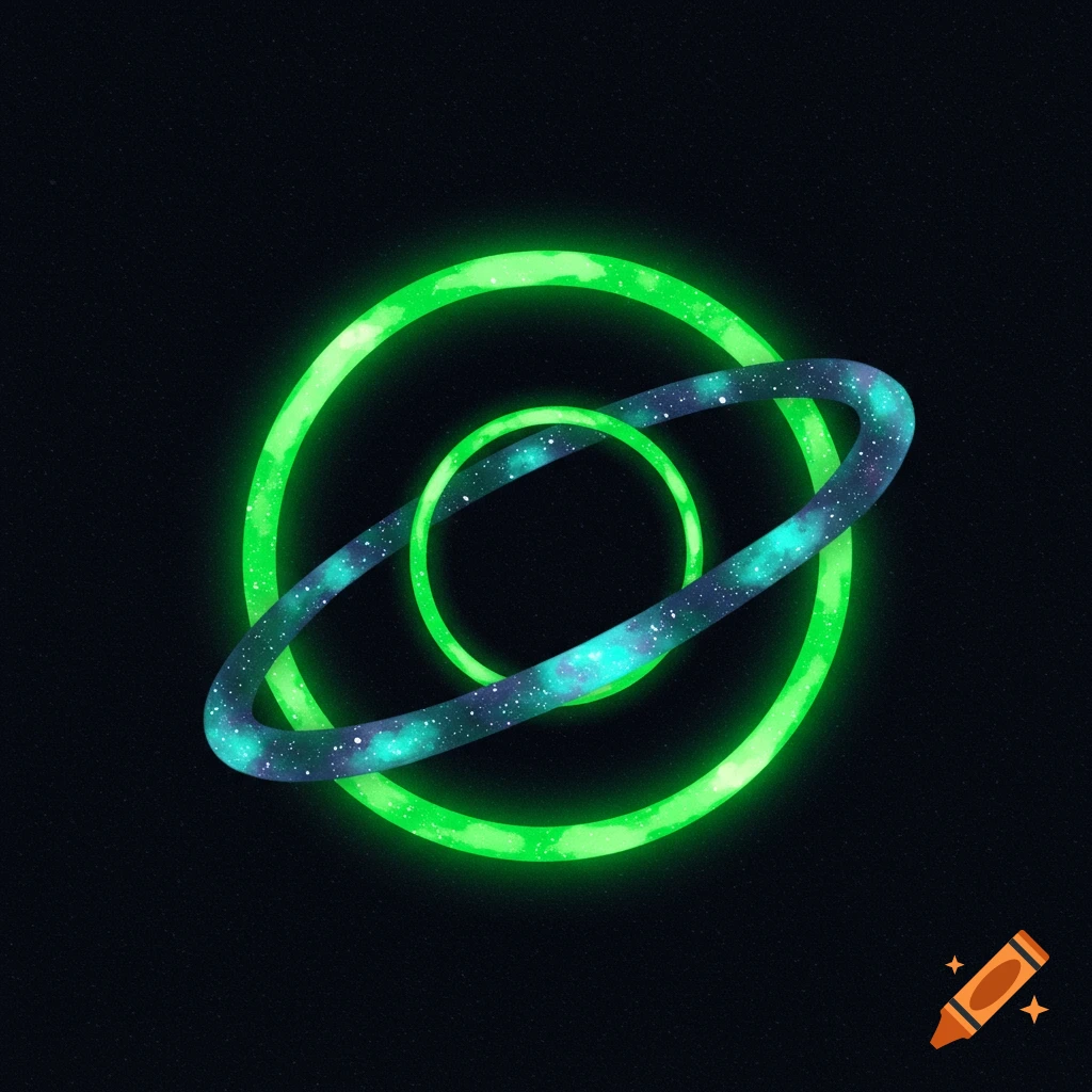 Two glowing rings, one green and one galaxy-patterned, against a starry background.