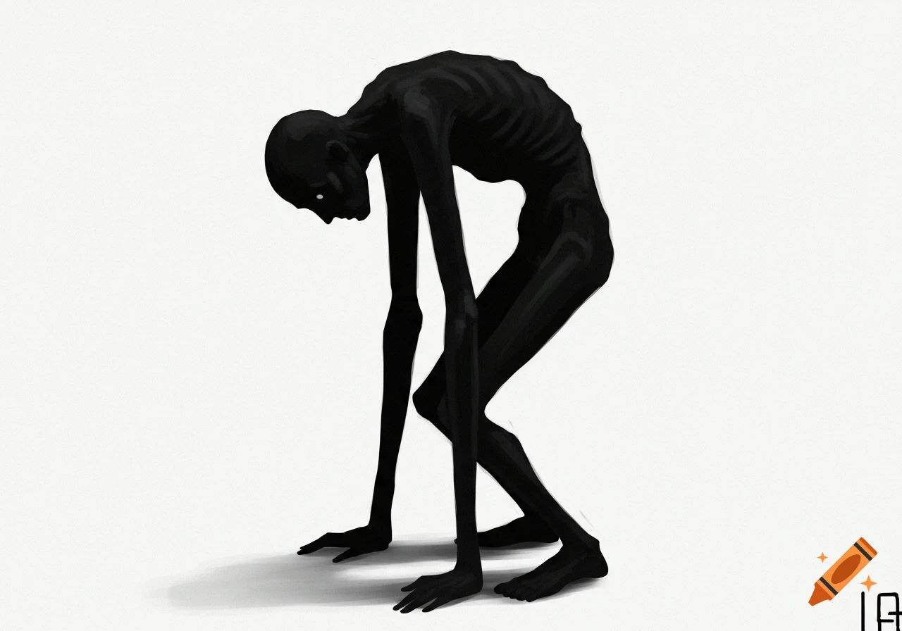 A lanky, hunched black figure against a white background.