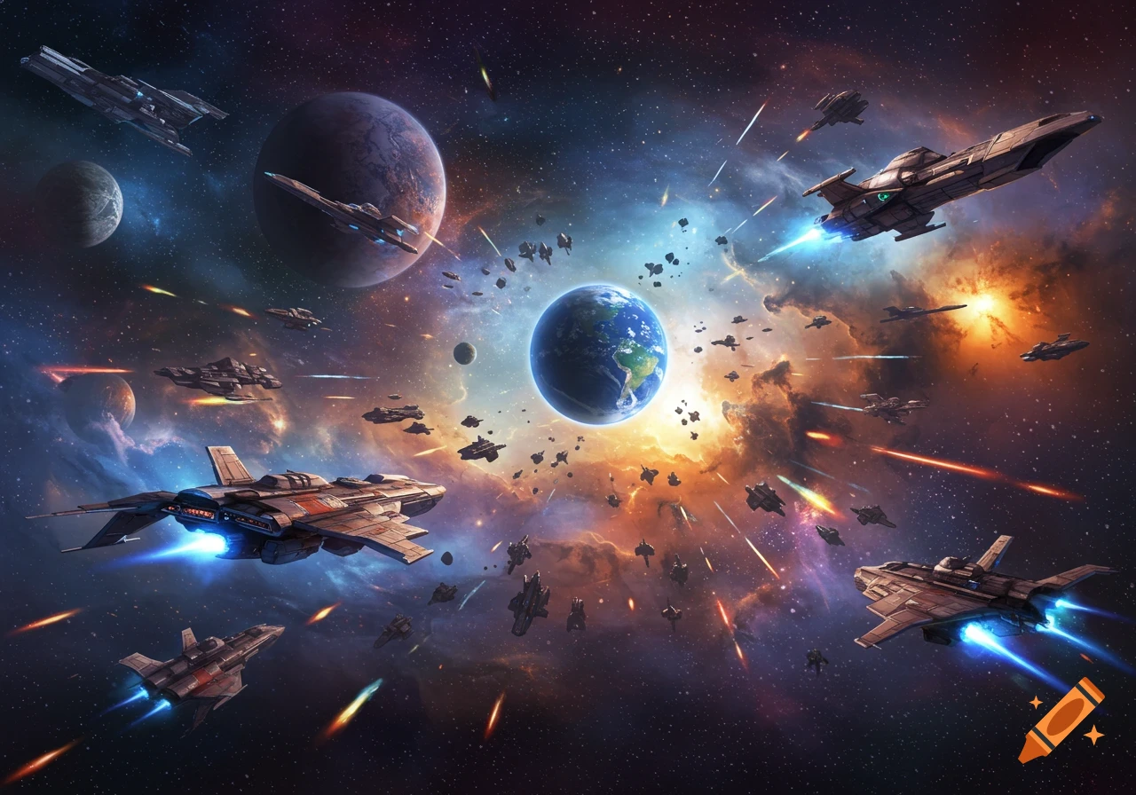 A space battle unfolds with spaceships navigating between planets.