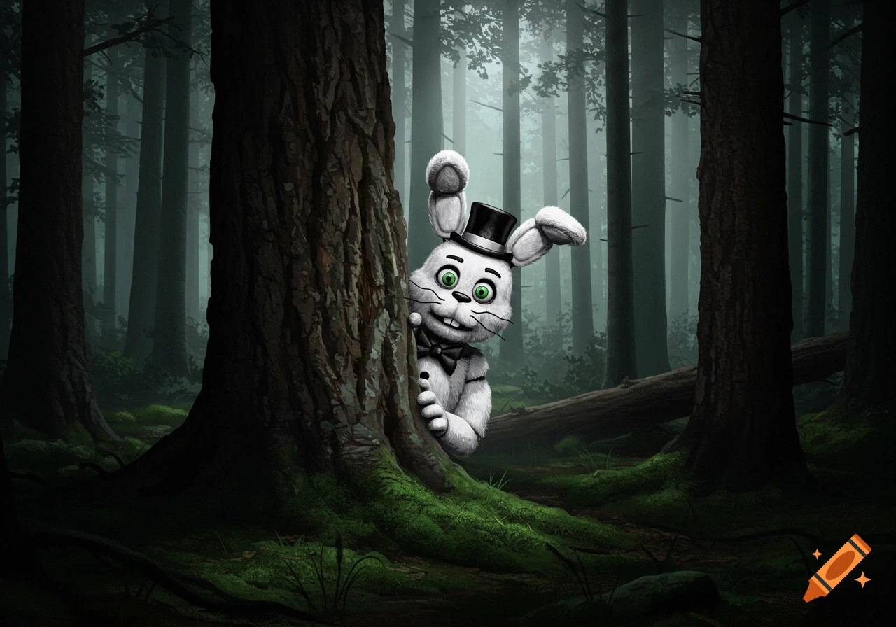 A white animatronic bunny with a top hat peeking from behind a tree in a dark forest.