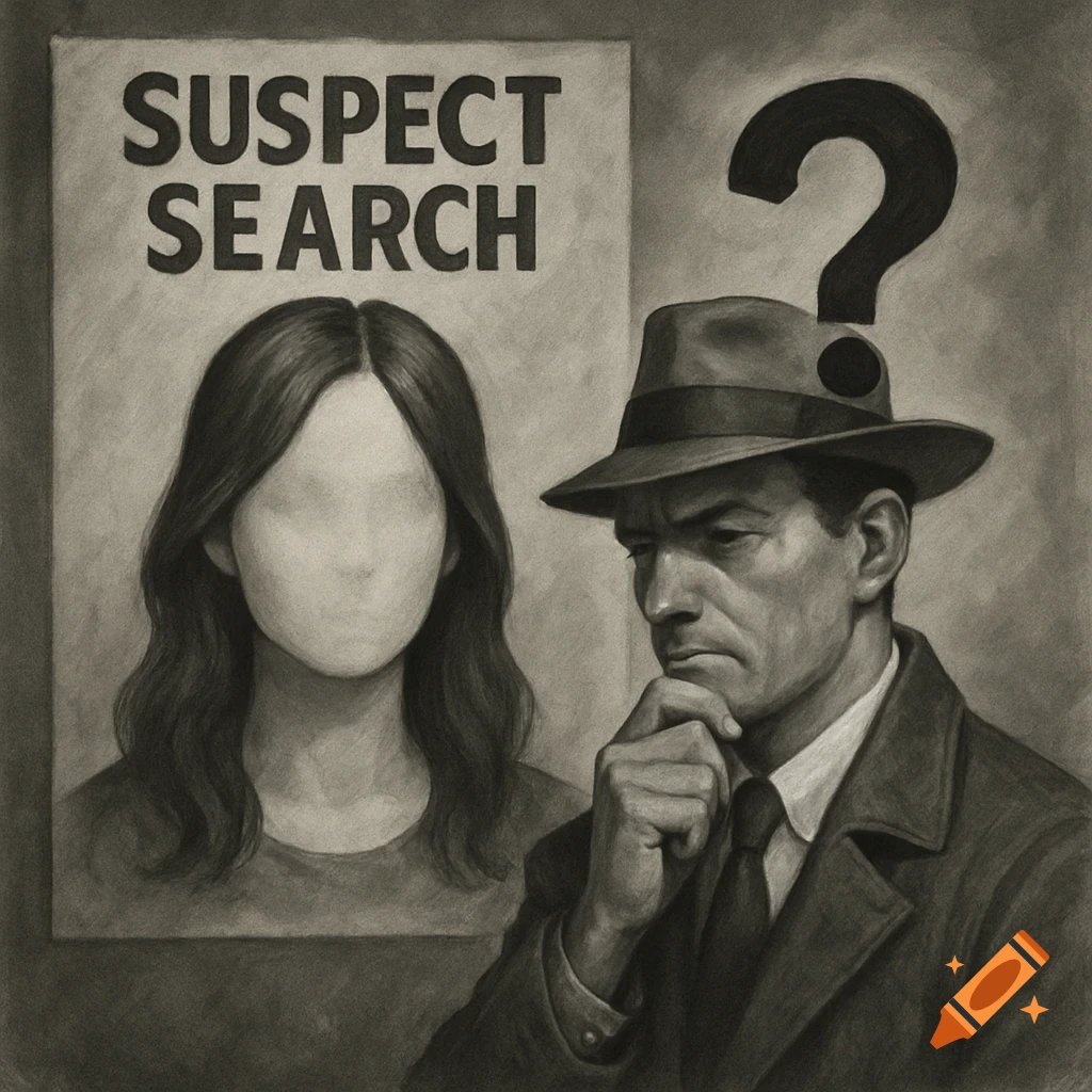 Charcoal drawing of a detective looking at a Suspect Search poster with a faceless woman.