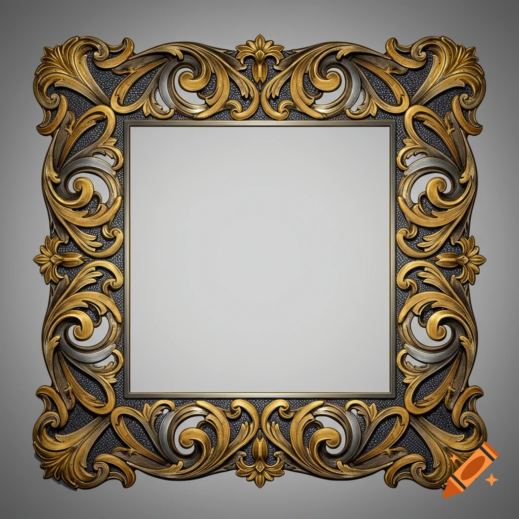 An ornate square frame with gold and silver scrolling decoration on a textured dark background.