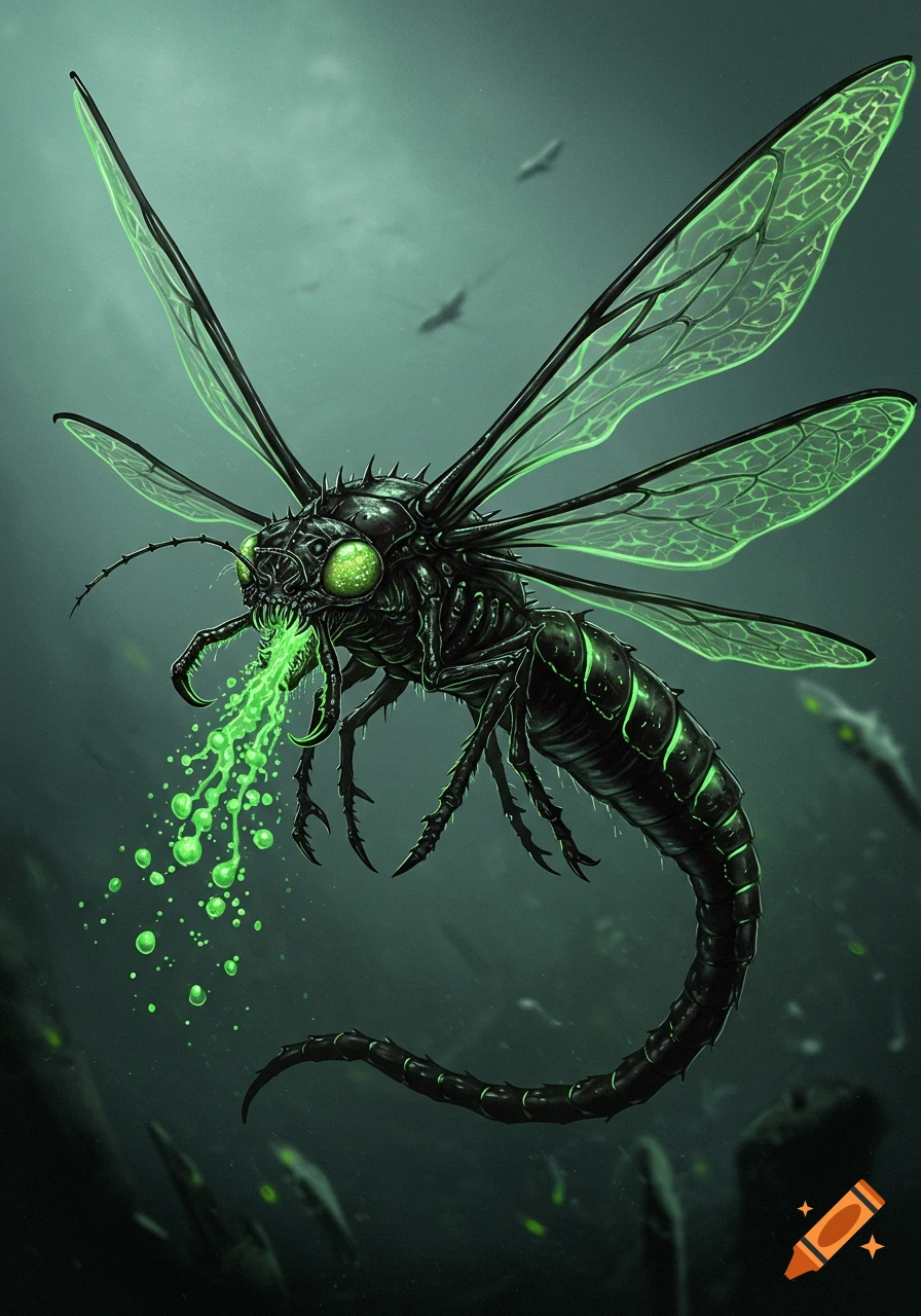 A menacing black insectoid monster with green glowing wings spitting green acid.
