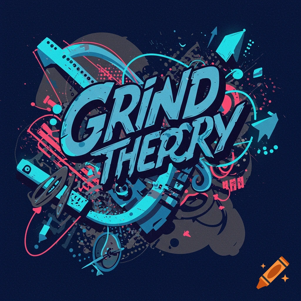 Large blue text "GRIND THEORY" with abstract graphic design elements in blue, pink, and grey on a dark background.