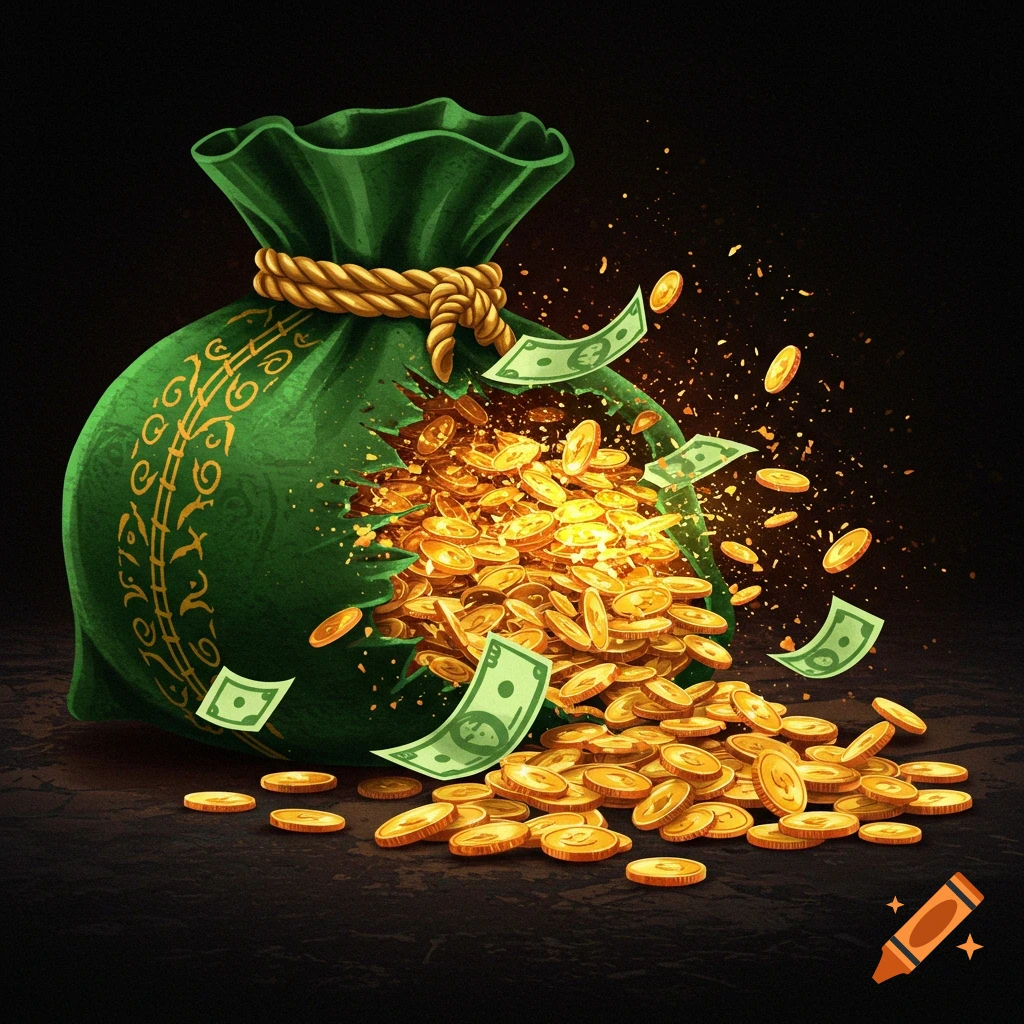 A green money bag bursts open, spilling gold coins and dollar bills.