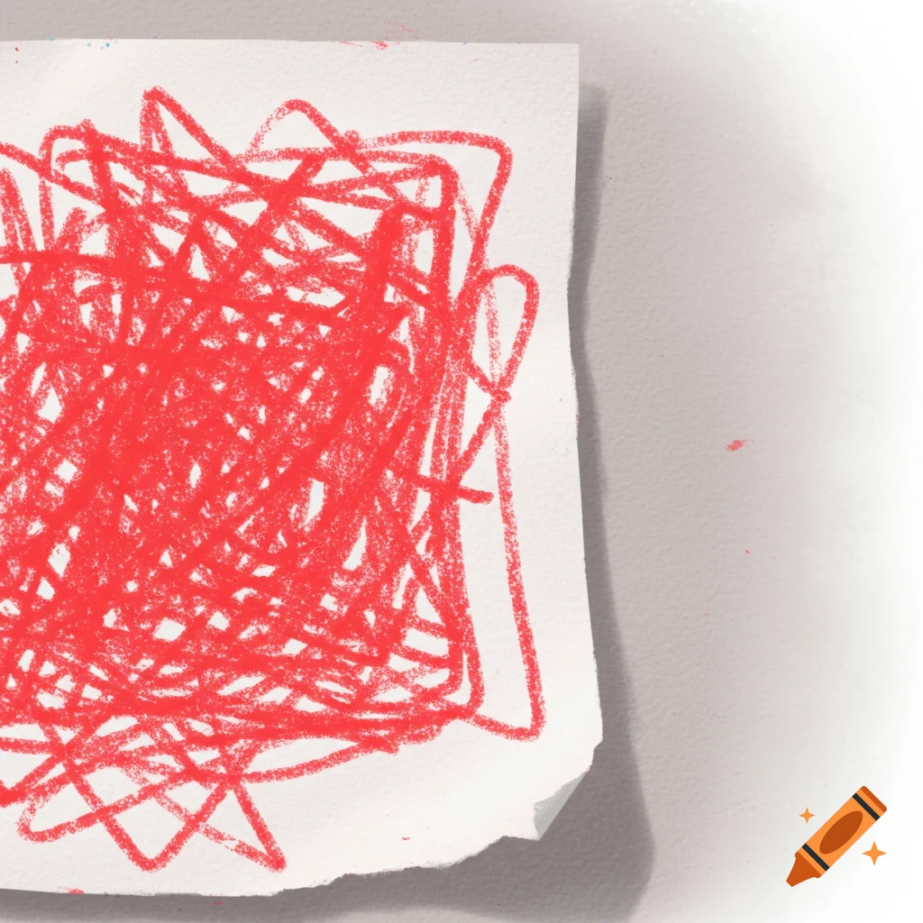 Red crayon scribbles on a torn piece of paper.