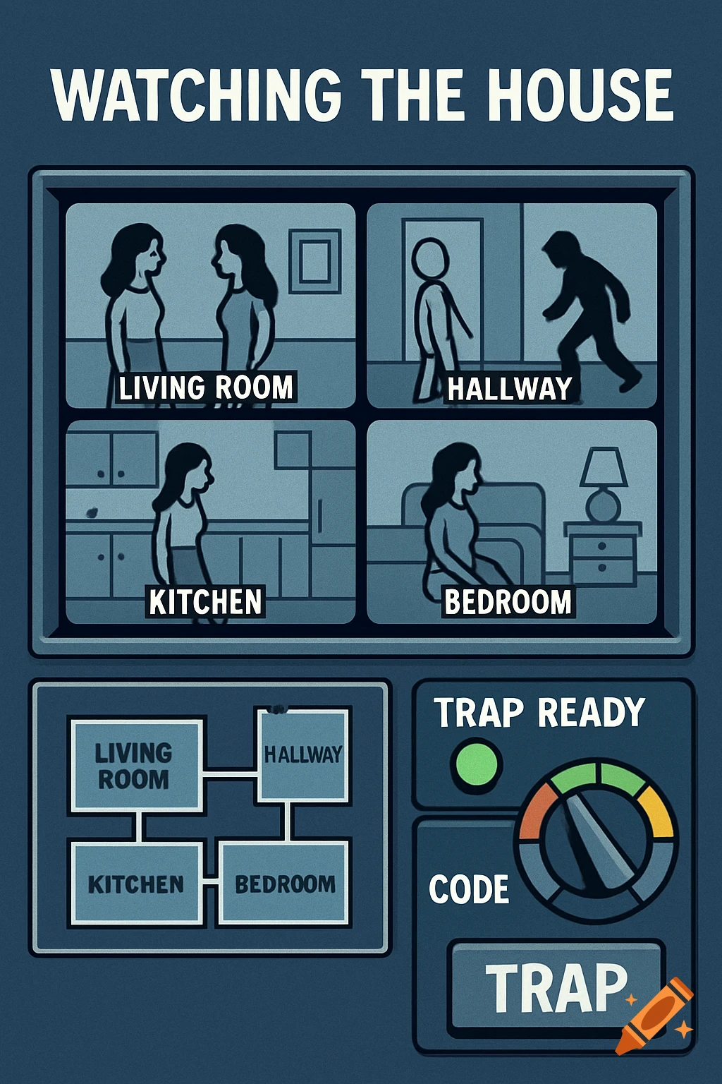 A diagram of a video game-like surveillance interface titled 'Watching the House,' showing views of Living Room, Hallway, Kitchen, and Bedroom, a house map, and controls for 'Trap Ready,' 'Code,' and 'TRAP.'