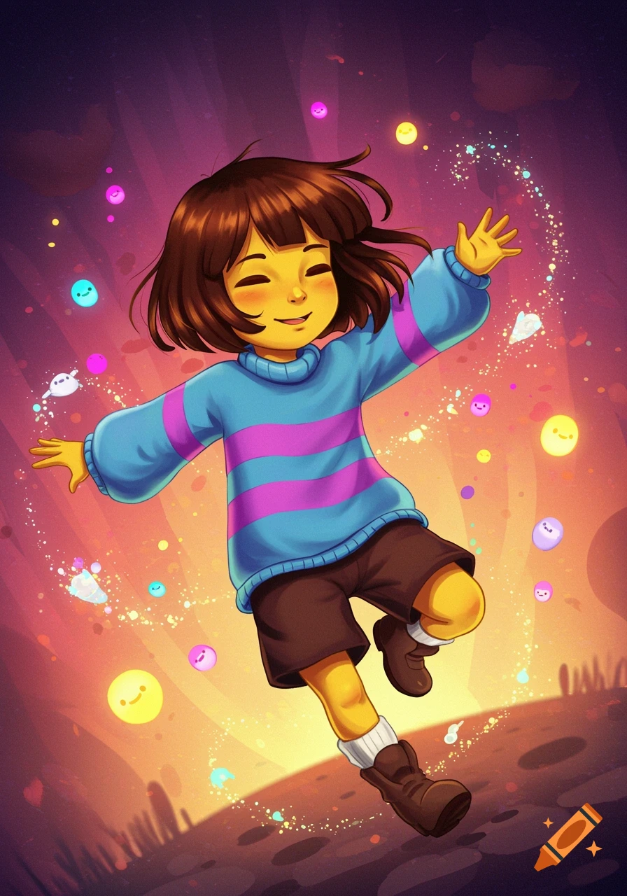 Frisk from Undertale jumps in a whimsical, colorful scene with glowing particles.