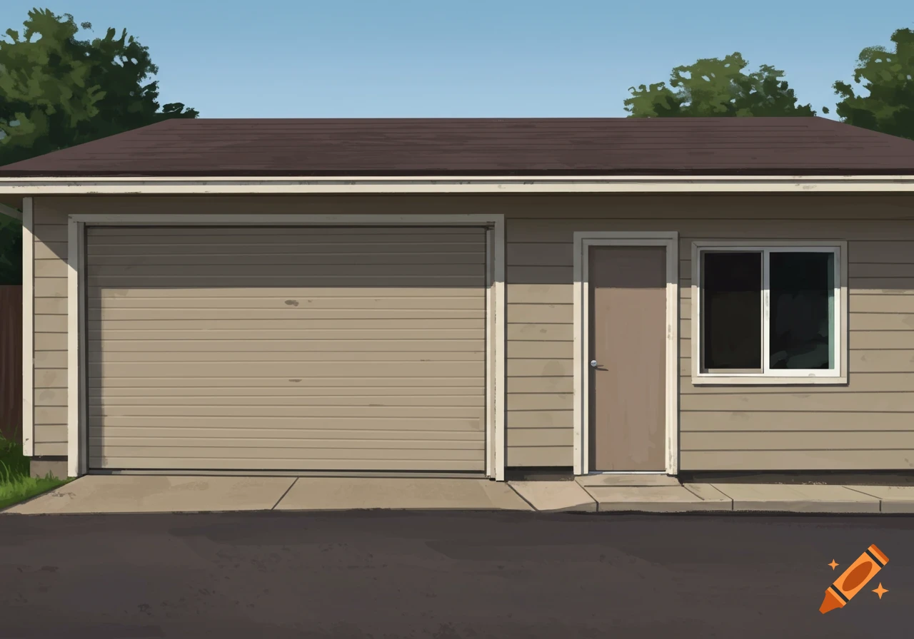 A garage building with a garage door, regular door, and window.