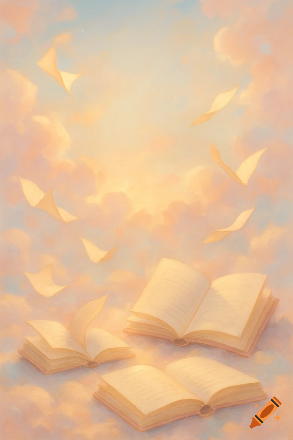 Pastel painting of open books and pages floating in a dreamy sky.