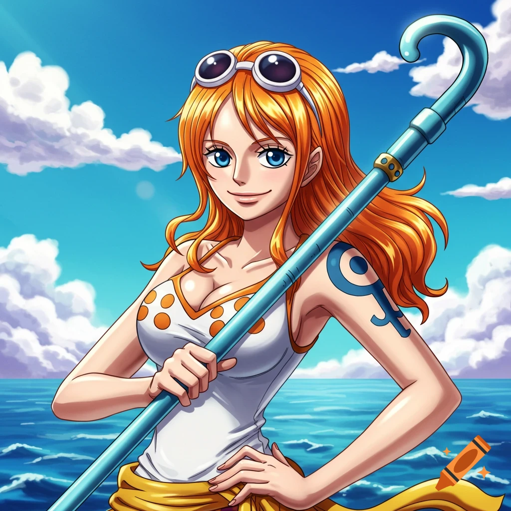 Anime character Nami holding a staff against a sea and sky background