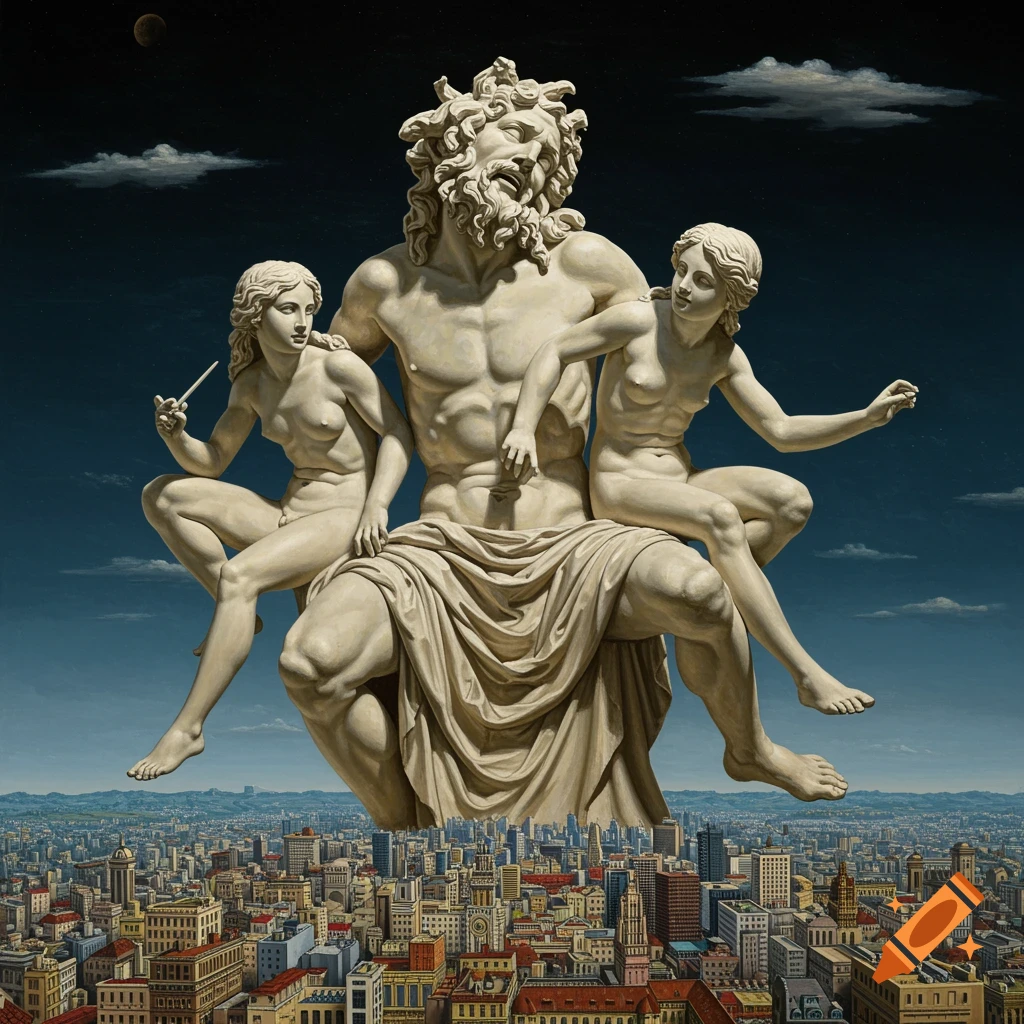 Surreal painting of a giant classical sculpture of a man and two women overlooking a city made of blocks.