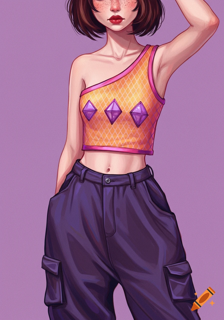 An illustration of a young woman in a one-shoulder crop top and baggy purple pants.