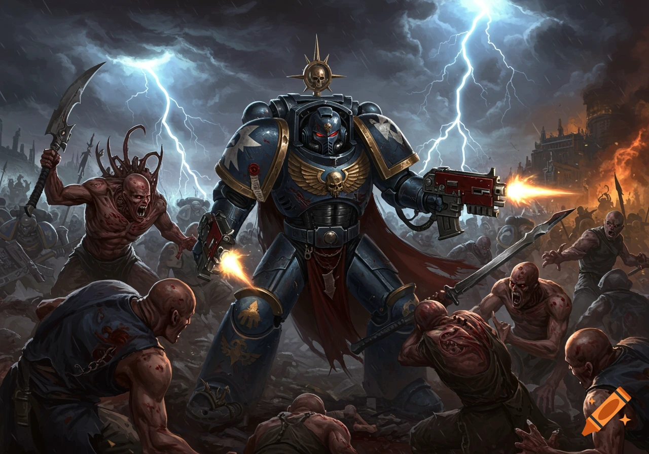 A Space Marine battles grotesque, zombie-like creatures in a dynamic painting.